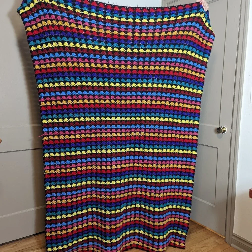 Vintage Rainbow Granny Square‎ Crochet Blanket Afghan Midcentury Handmade Boho